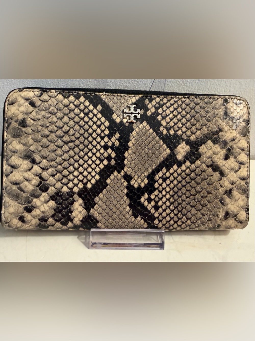 Tory Burch zip around continental wallet with snakeskin.